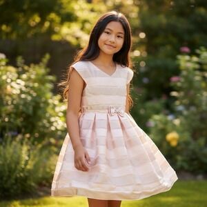 Jona Michelle Girls Pink and Silver Party Dress With Bow, Style C06387 Size 10